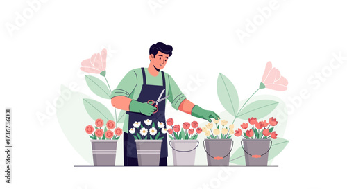 Man Arranging Blossoms in Buckets, Illustrating Floristry, Gardening, and Horticultural Concepts