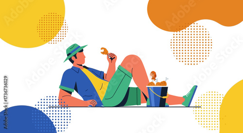 Man Relaxing While Enjoying Fried Chicken and Pondering a Wrench in Modern Vector Illustration