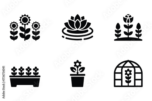 Collection of botanical icons featuring flowers greenhouse seedlings potted plant and water lily garden elements