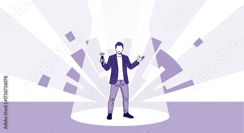 Presenter Holding Microphone on Illuminated Stage with Abstract Geometric Background