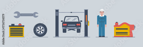 Vector icon sheet of auto repair mechanic standing near car lift