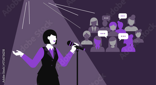Presenter speaking to an audience with a microphone illustration in purple shades