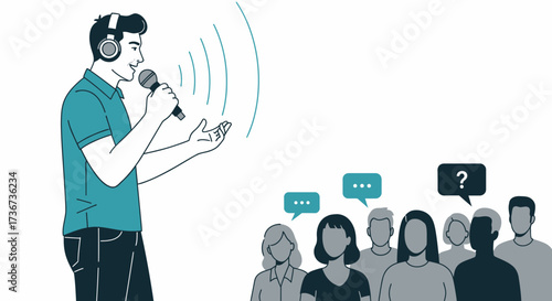 Presenter Speaking To An Audience With Questions And Speech Bubbles In Minimalistic Style