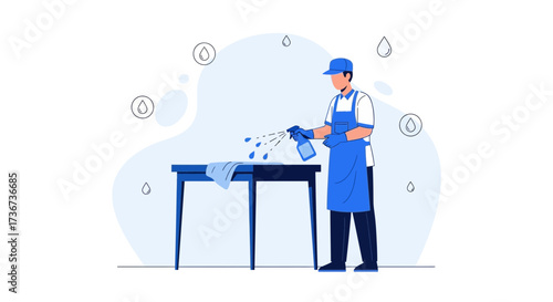 Professional Cleanser Spraying a Table Surface for Sanitation and Hygiene Maintenance