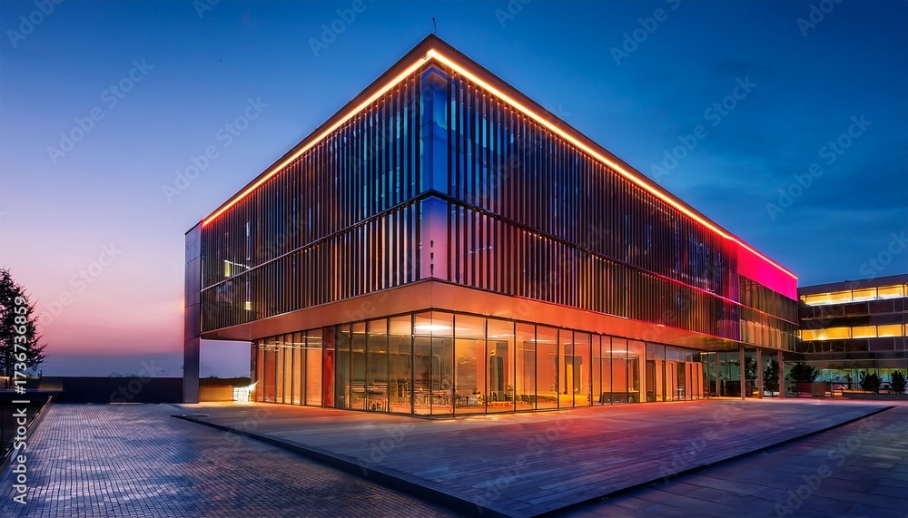 Fototapeta premium modern building facade at dusk with vibrant lighting