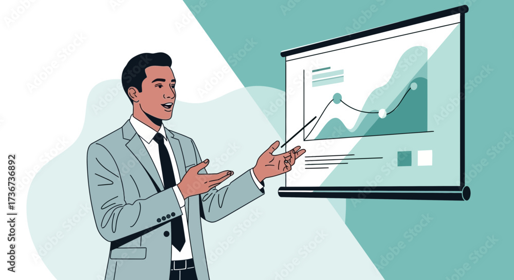 Fototapeta premium Professional Man Presents Financial Data On Screen During A Business Meeting Presentation