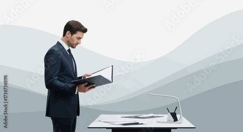 Professional Man Reviewing Documents at Office Desktop With Modern Minimalist Design