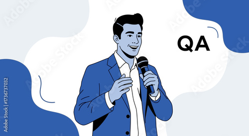 Professional Presenter Holding Microphone Smiling During A QA Session Illustration  Art