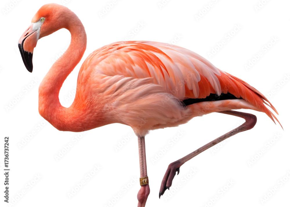 Fototapeta premium A flamingo standing on one leg with a gold band around its leg against a white background in the studio