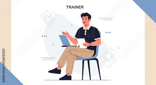 Professional Trainer Giving Presentation While Sitting and Using Technology With Enthusiasm