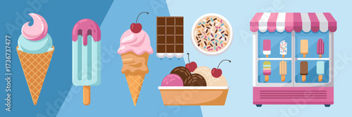 Ice cream shop icon sheet with cones, popsicles, gelato cups, and toppings