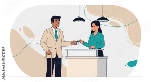 Man at reception passing id card to receptionist, illustration of customer service