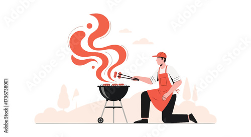 Man Barbecuing Sausages At Outdoor Gathering With Artistic Smoke Illustration