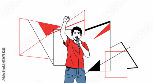 Man Broadcasting Message With Microphone Amidst Geometric Shapes And Vibrant Colors
