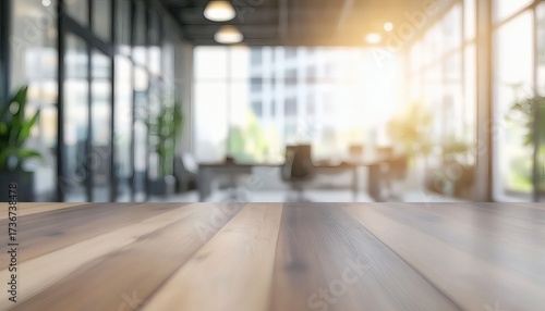 Wallpaper Mural The illustration shows a blurred background of a modern office space with large windows, sunlight streaming in, and potted plants, with a clear wooden table in the foreground. Torontodigital.ca