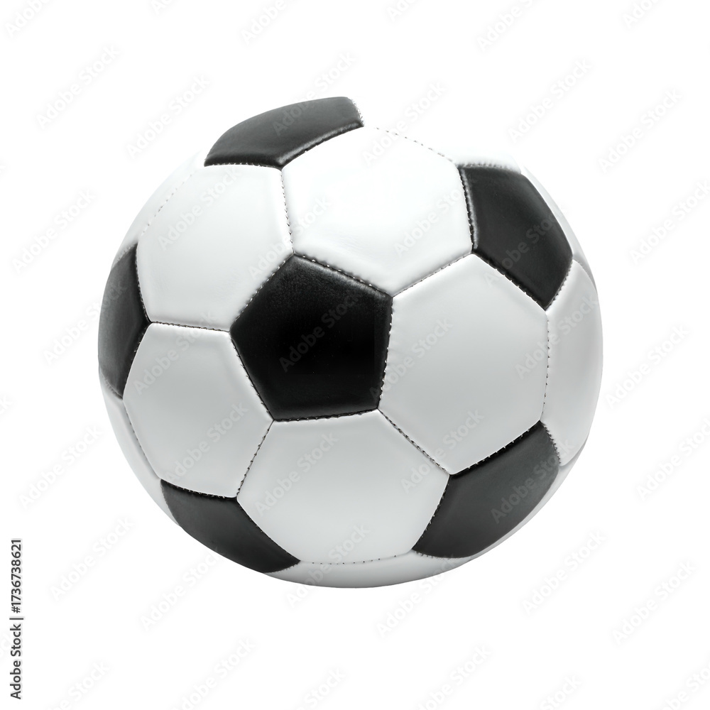 Obraz premium Spherical soccer ball isolated against a black background, showcasing a classic design with black pentagons and white hexagonal panels arranged in a pattern, presenting a realistic depiction of the...