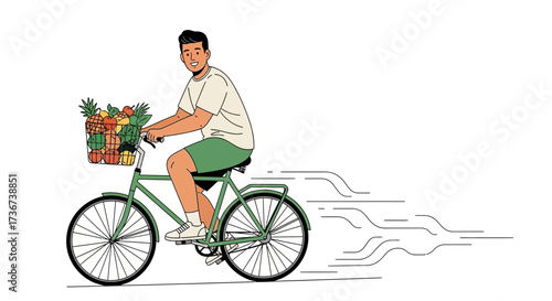 Man riding a bike with a basket full of fruit, promoting healthy lifestyle options