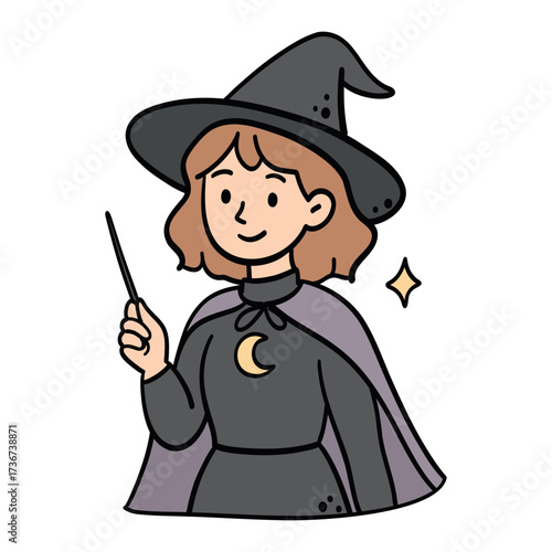 Cute cartoon magic girl in a wizard hat and cape holding a magic wand. Hand-drawn pastel doodle illustration, perfect for stickers, posters, cards, fantasy designs and creative projects.
