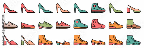 Shoe category icon sheet with high heels flats sneakers boots and sandals