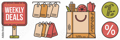 Vector icon sheet for grocery branding with weekly deals sign price tags reusable bag and discount symbol