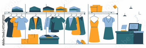 Vector illustration of clothing store with hangers folded shirts dresses changing rooms and cash register