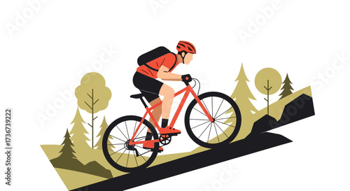 Man riding a mountain bike uphill in a forest scene with trees and nature illustration