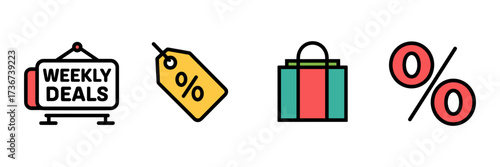 Vector icon sheet for grocery branding with weekly deals sign price tag reusable bag and discount symbol