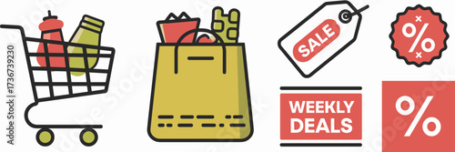 Vector icon sheet for grocery branding with shopping cart reusable bag price tag weekly deals banner and discount symbol