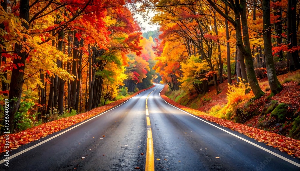 Obraz premium A picturesque autumnal road winds through a vibrant forest ablaze with fall colors.