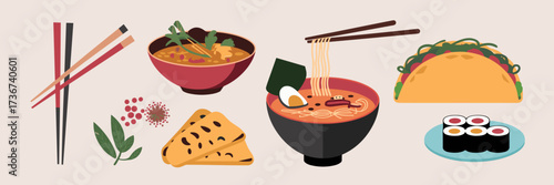 Flat colorful vector icon sheet of ethnic cuisine elements with chopsticks curry taco ramen spices naan sushi and falafel