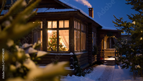 Cozy wooden house with warm, glowing windows, inside which a Christmas tree adorns itself, symbolizing the festive atmosphere against the backdrop of a snowy, twilight forest