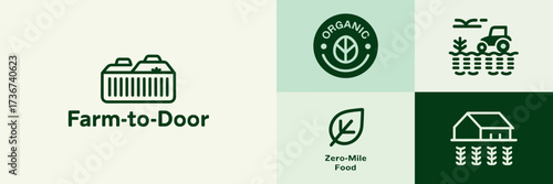 Vector icon sheet for farm to door branding with crate logo organic seal zero mile food icon and farm illustration with crops tractor and barn