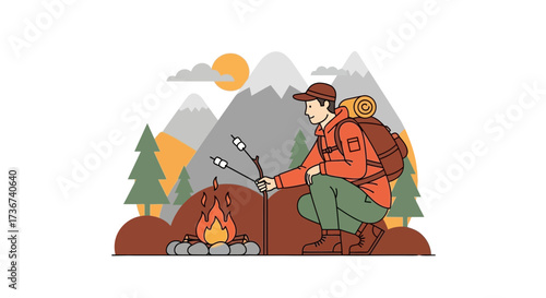 Man roasting marshmallows by a campfire during a mountain hiking adventure