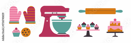 Vector illustration of home bakery icon sheet with oven mitts stand mixer rolling pin cupcakes cookies and cake display in flat style