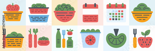 Vector icon sheet of meal prep service icons with portioned containers labeled meals calendar plan and healthy food symbols in minimalist style