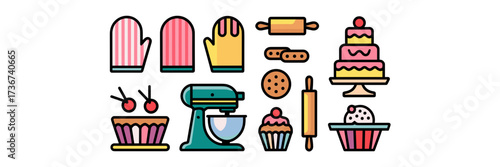 Vector illustration of home bakery icon sheet with oven mitts stand mixer rolling pin cupcakes cookies and cake display in grid layout