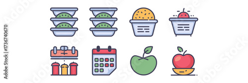 Vector icon sheet of meal prep service with portioned containers labeled meals calendar plan and healthy food icons in clean style