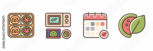 Vector icon sheet of meal prep service with portioned container labeled meal calendar and healthy food symbol