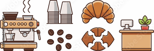 Vector icon sheet of coffee shop essentials with espresso machine cups beans croissant and cashier counter with plant