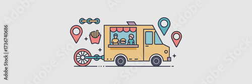 Vector icon sheet of food truck elements with window service fast food items location pins and wheels in motion on white background