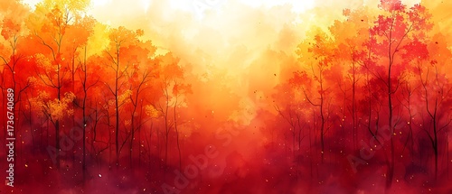 Abstract watercolor painting of a vibrant autumn forest with warm orange and red hues, evoking a sense of warmth and natures beauty.