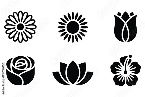 Collection of six stylized floral silhouettes for decorative and design projects