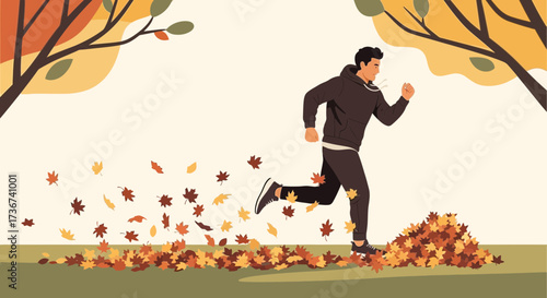 Man running through autumn leaves scene outdoors during fall season with trees