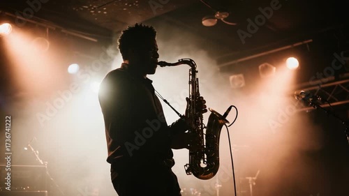 Saxophone Player Performing on Stage with Dramatic Lighting.