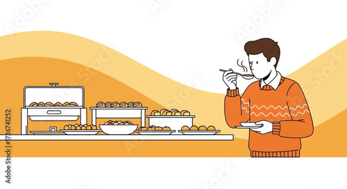 Man Sampling Prepared Food At A Buffet, Enjoying His Meal, And Relishing The Flavor