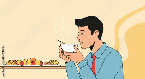 Man savoring aroma of warm soup, healthy food on display, vector style illustration