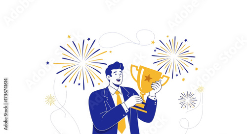 Man Celebrating Success With Trophy Surrounded By Festive Fireworks And Decorations