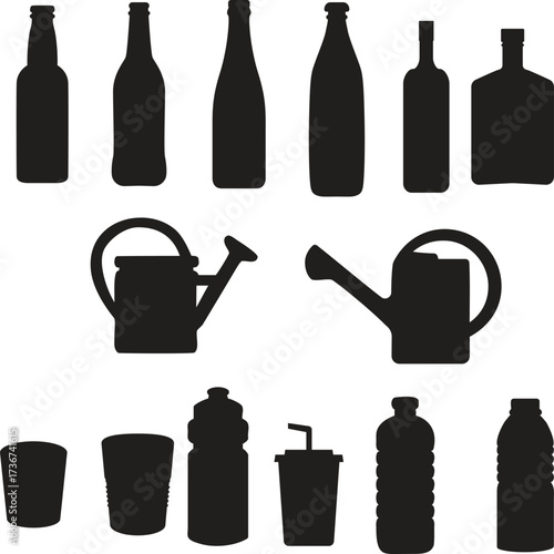 Minimalist vector set of beverage containers in solid black