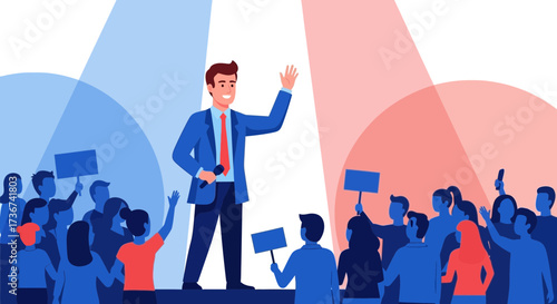 Public Speaker Addressing Crowd Under Spotlight in Vector-Style Illustration, Presenting Ideas
