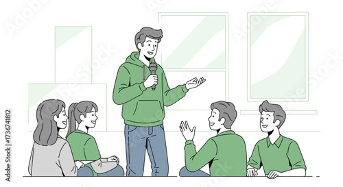 Public Speaker Engaging Audience During Presentation, Simple Line Illustration Style
